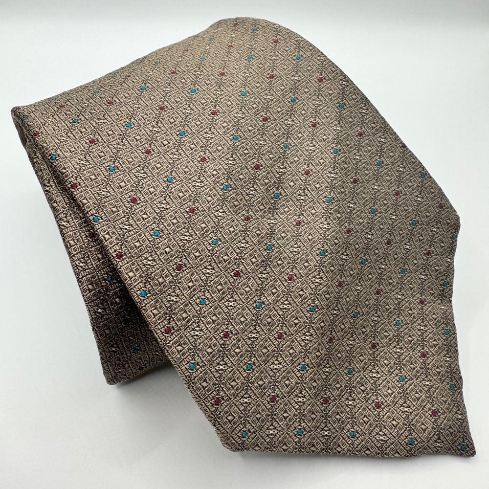 Oscar de la Renta Couture Mens Silk Tie Taupe Brown Geometric Polka Dot Luxury